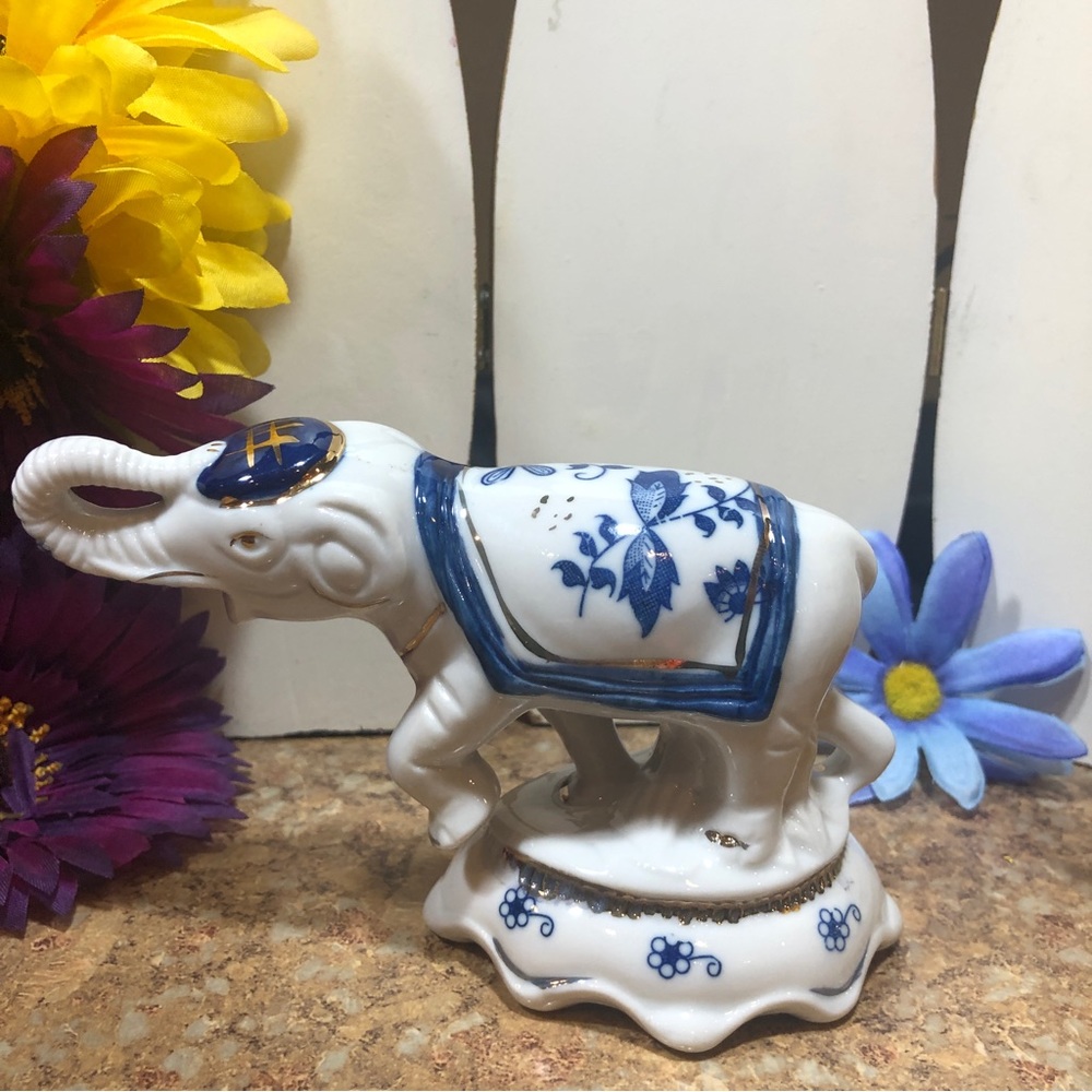 1980’s Hand Painted Vintage Porcelain Blue & White Dancing Elephant Figurine